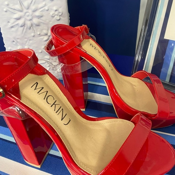 Red patent chunky platform ankle strap high heel sandals Mackin J sz 10 - Picture 8 of 11